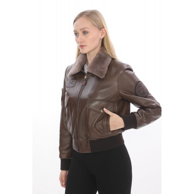 CAT3B (Koyu Kahve) Deri Bayan Pilot Montu